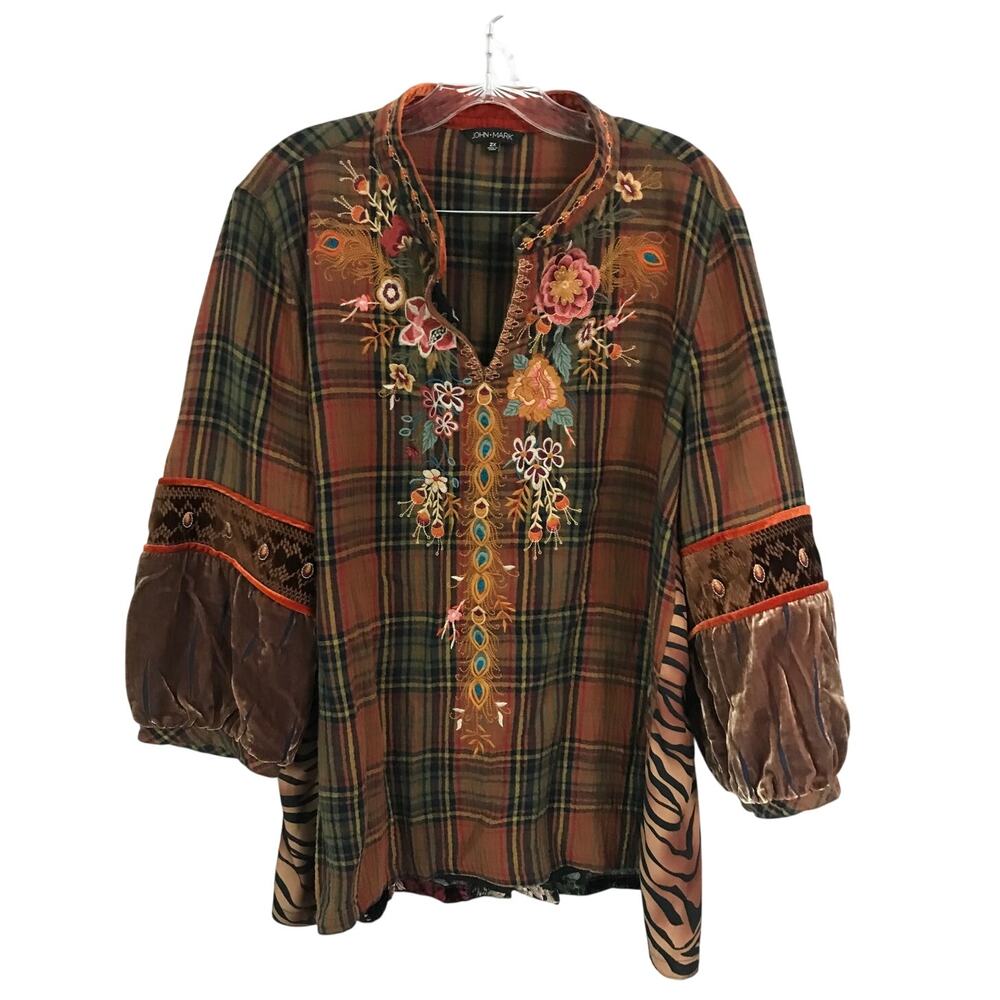 John Mark Top Blouse 2X Plaid Floral Embroidered Tunic Velvet Boho Peasant